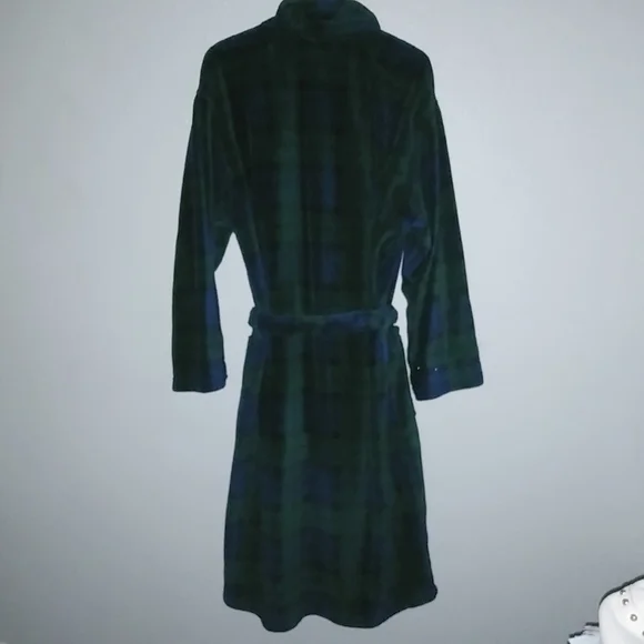 Polo Ralph Lauren S/M Mens Belted Blue Hunter Green Plaid Fleece Robe - Picture 4 of 8